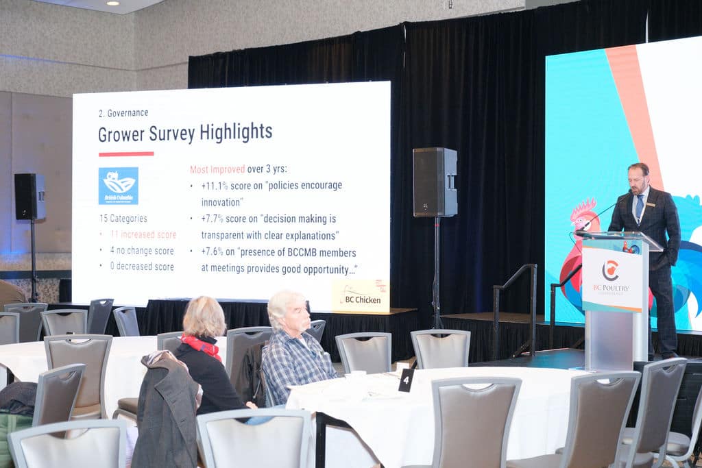 A presenter delivering the BC Chicken Marketing Board AGM report to seated delegates